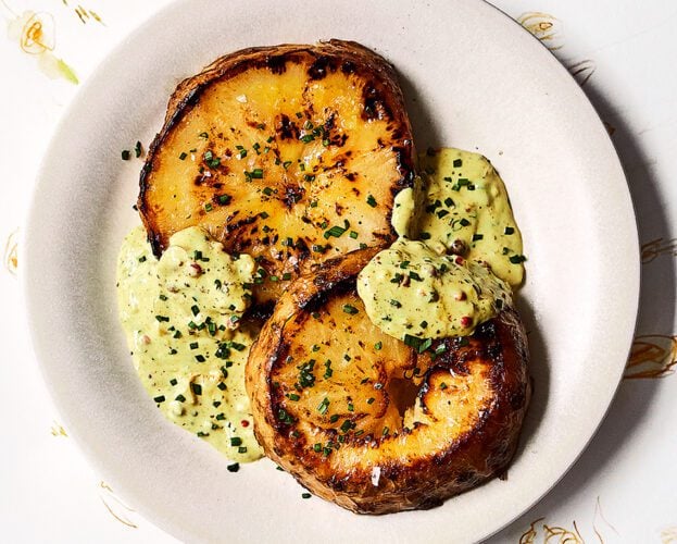 Celeriac steaks with curried pink peppercorn sauce