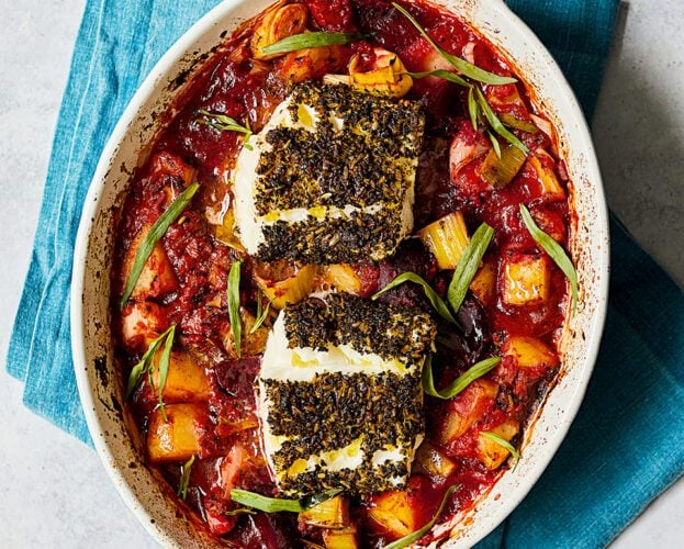 Aniseed cod, potato and beetroot traybake