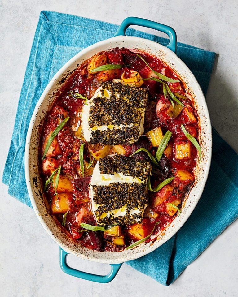 Aniseed cod, potato and beetroot traybake