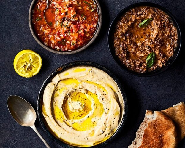 Houmous with ful medames, preserved lemon & tomato salsa