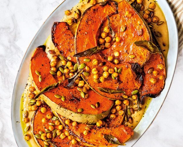 Air fryer pumpkin with creamy beans, crispy chickpeas and sage
