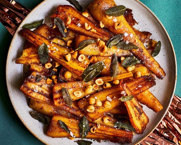 Butter-roast parsnips with hazelnuts and sage