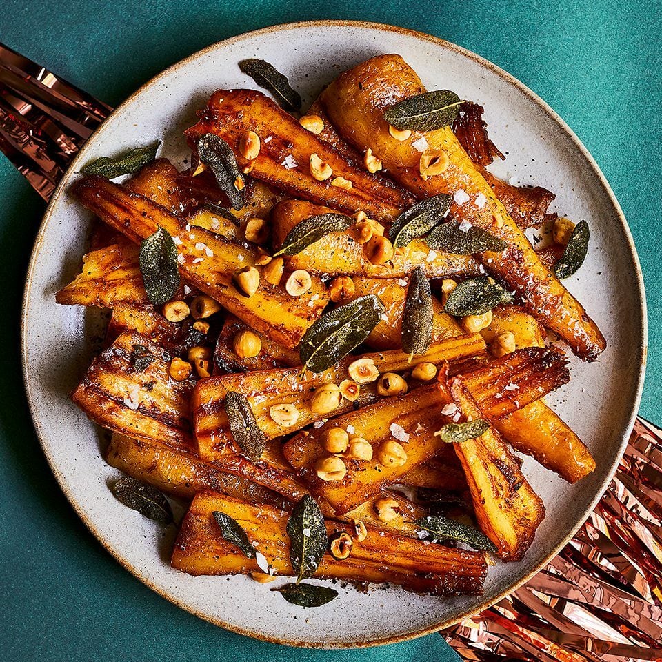 Butter-roast parsnips with hazelnuts and sage