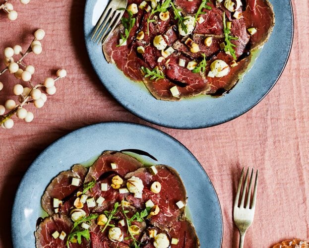 Beef carpaccio with pickled pear and parmesan mayonnaise