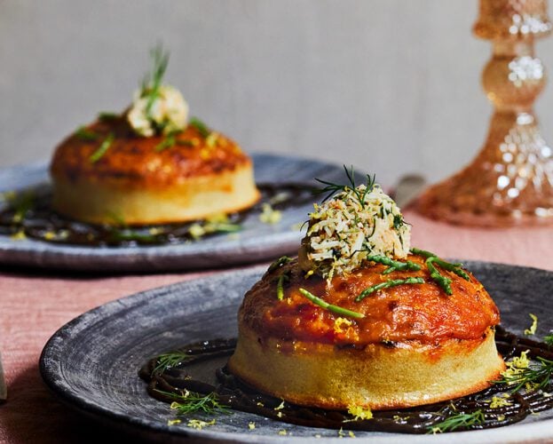 Crab crumpet rarebit with pickled walnut ketchup