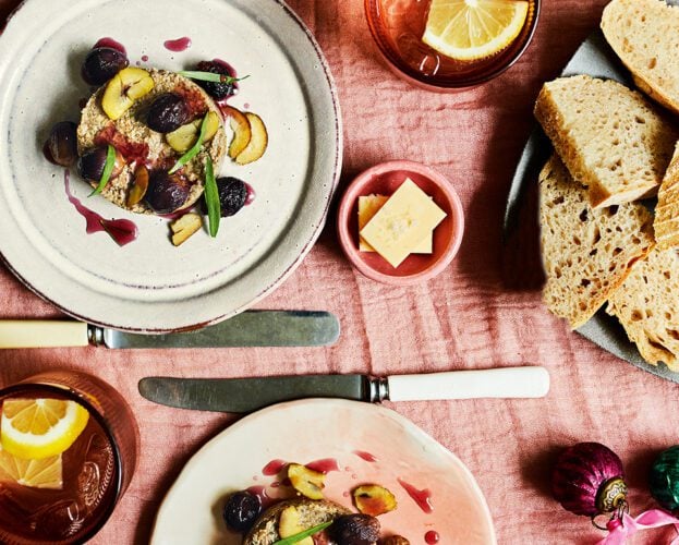 Mushroom and tarragon pâté with roasted grapes and chestnuts