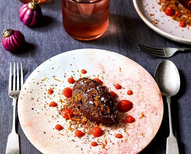 Dark chocolate mousse with blood orange gel and hazelnut crumb