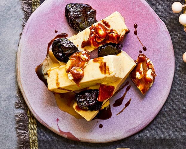 Maple-peanut parfait with peanut brittle and boozy prunes