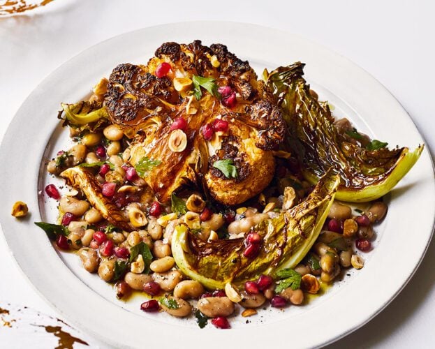 Roasted cauliflower, white bean, hazelnut and pomegranate salad