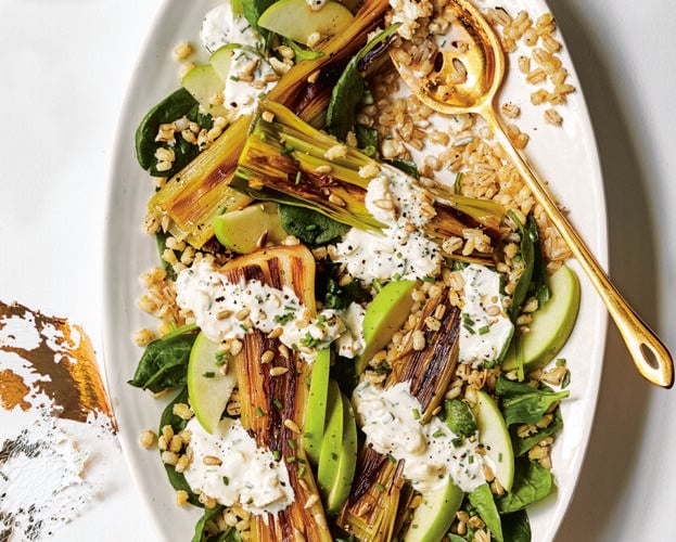 Charred leek, pearl barley and cheshire cheese salad