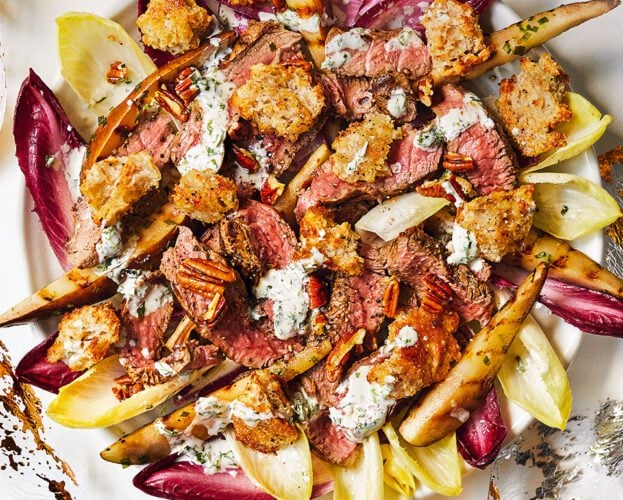 Steak and charred pear salad with blue cheese and tarragon dressing