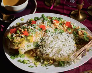 Fragrant roast monkfish with green curry beurre blanc and crispy noodles