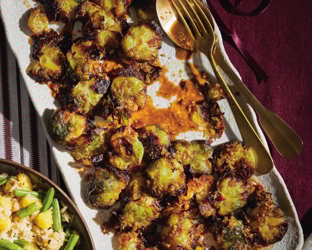 Smashed brussels sprouts with peanut nam jim