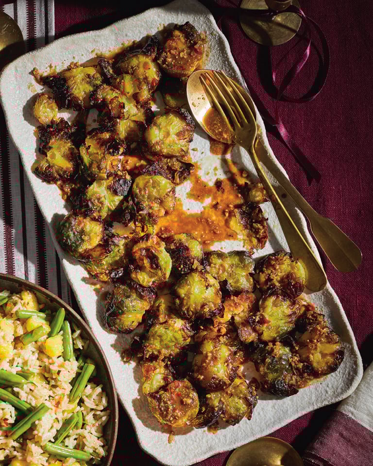Smashed brussels sprouts with peanut nam jim