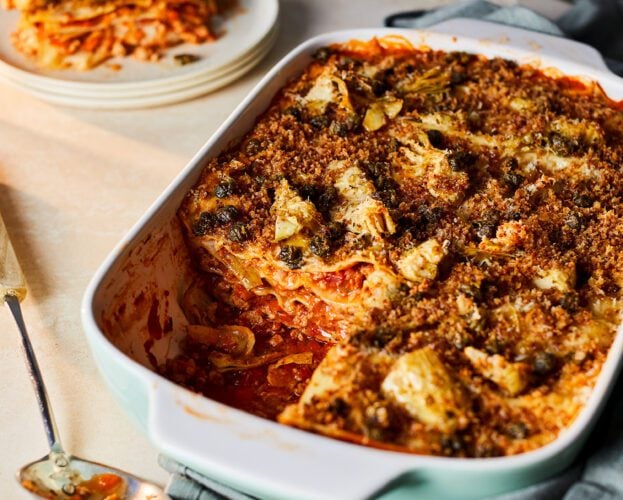Pork and artichoke brown-butter lasagne with caper pangrattato