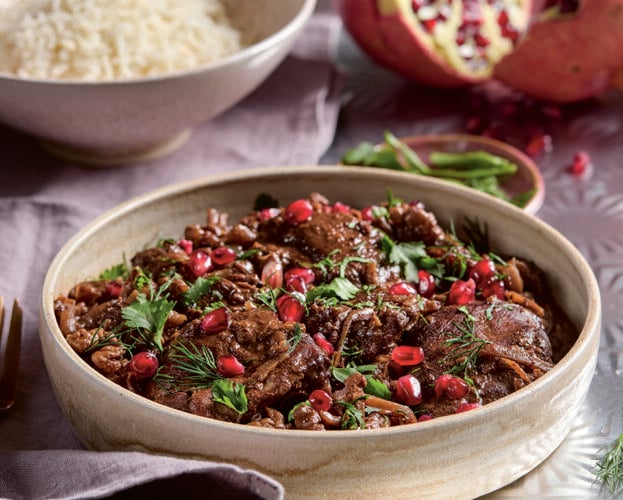 Slow cooker chicken stew with walnuts and pomegranate