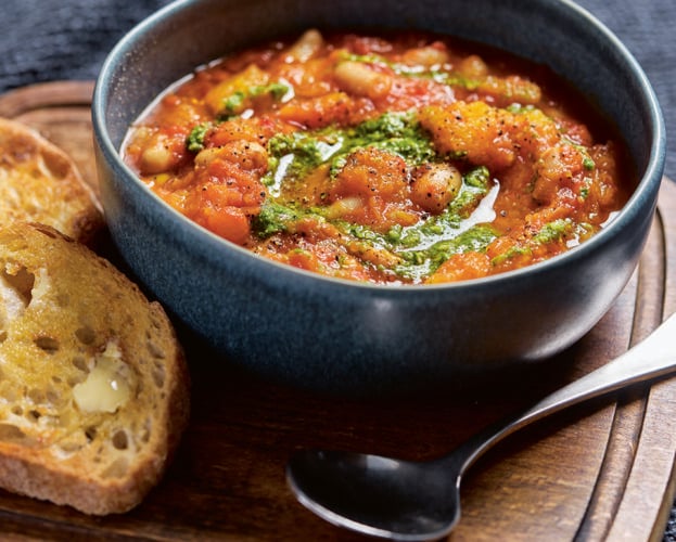 Slow cooker squash, cannellini bean and pesto stew