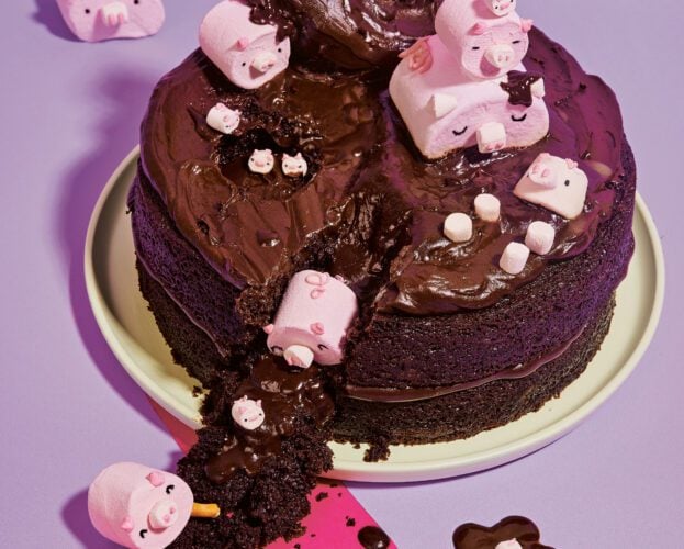 Kim-Joy’s super easy chocolate cake (with marshmallow pigs)