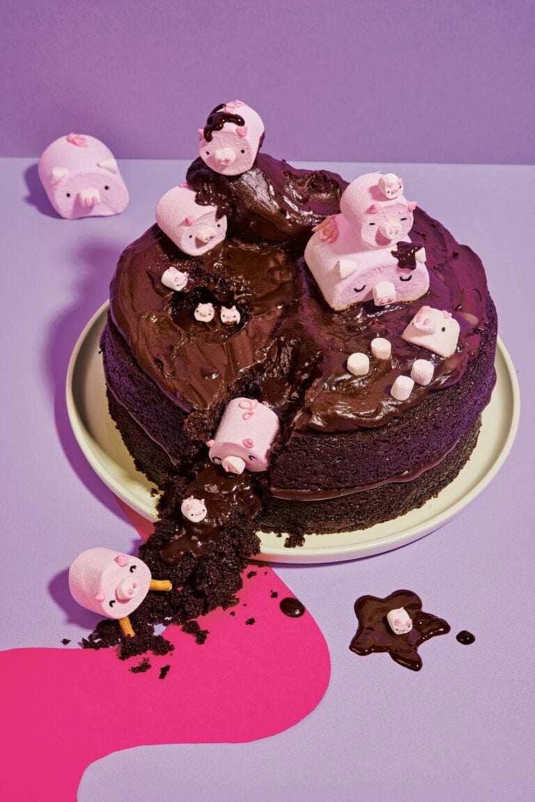 Kim-Joy’s super easy chocolate cake (with marshmallow pigs)