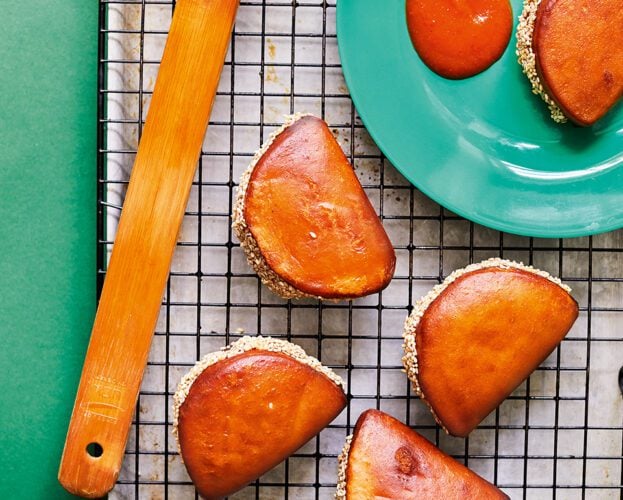 Prawn toast bao with burnt peach chilli sauce