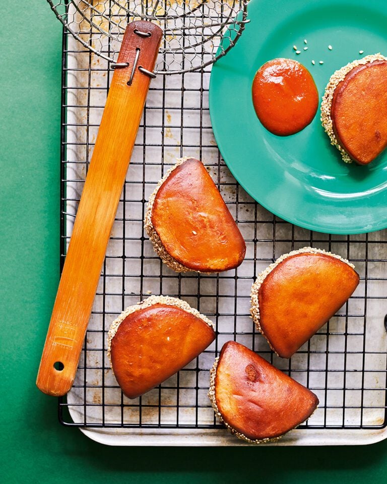 Prawn toast bao with burnt peach chilli sauce
