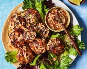 Indonesian minced pork cakes with chilli and lemongrass sambal