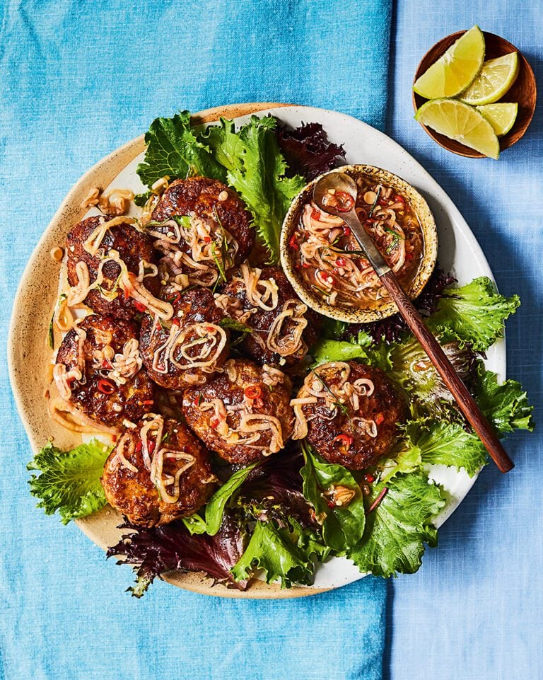 Indonesian minced pork cakes with chilli and lemongrass sambal