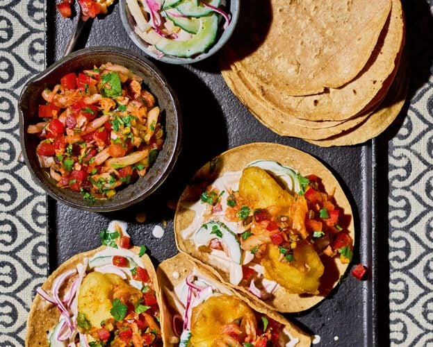 Sea bass tacos with kimchi salsa