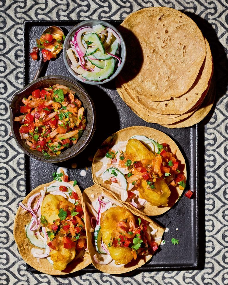 Sea bass tacos with kimchi salsa