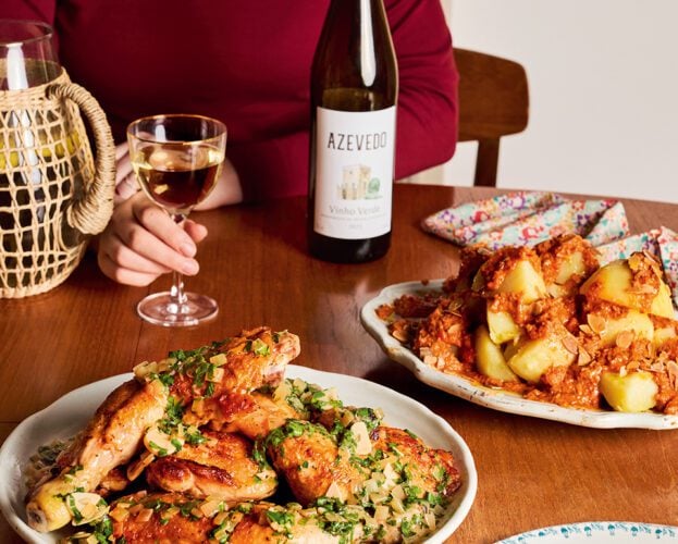 Chicken braised in vinho verde with romesco potatoes