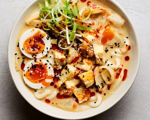 Celeriac, miso and tahini noodle soup