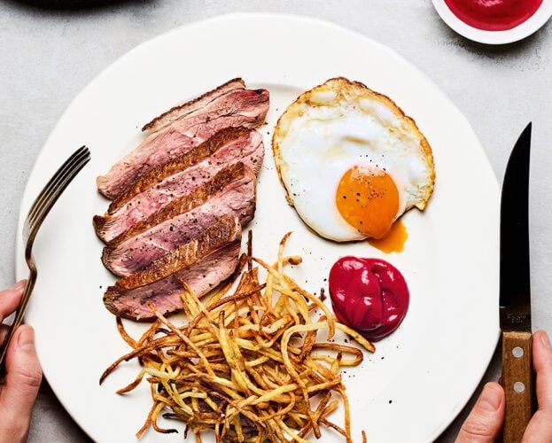 Duck, egg and shoestring fries with rhubarb ketchup