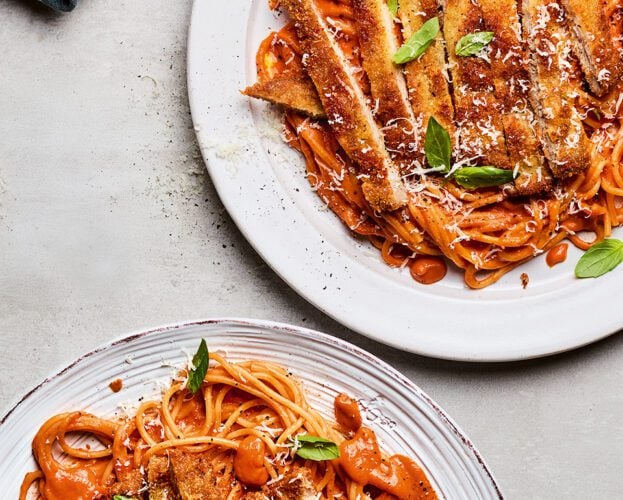 Crispy pork schnitzels with spaghetti alla vodka