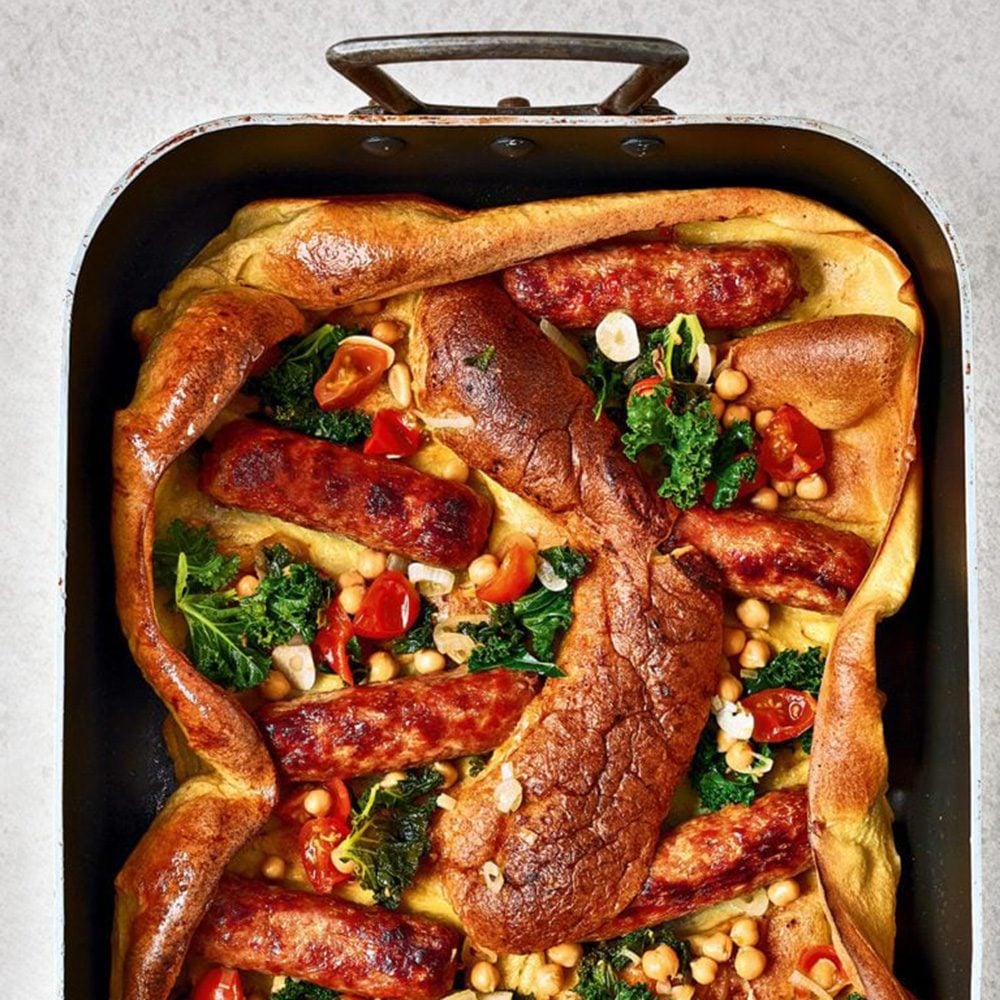Chorizo toad in the hole with kale and chickpeas