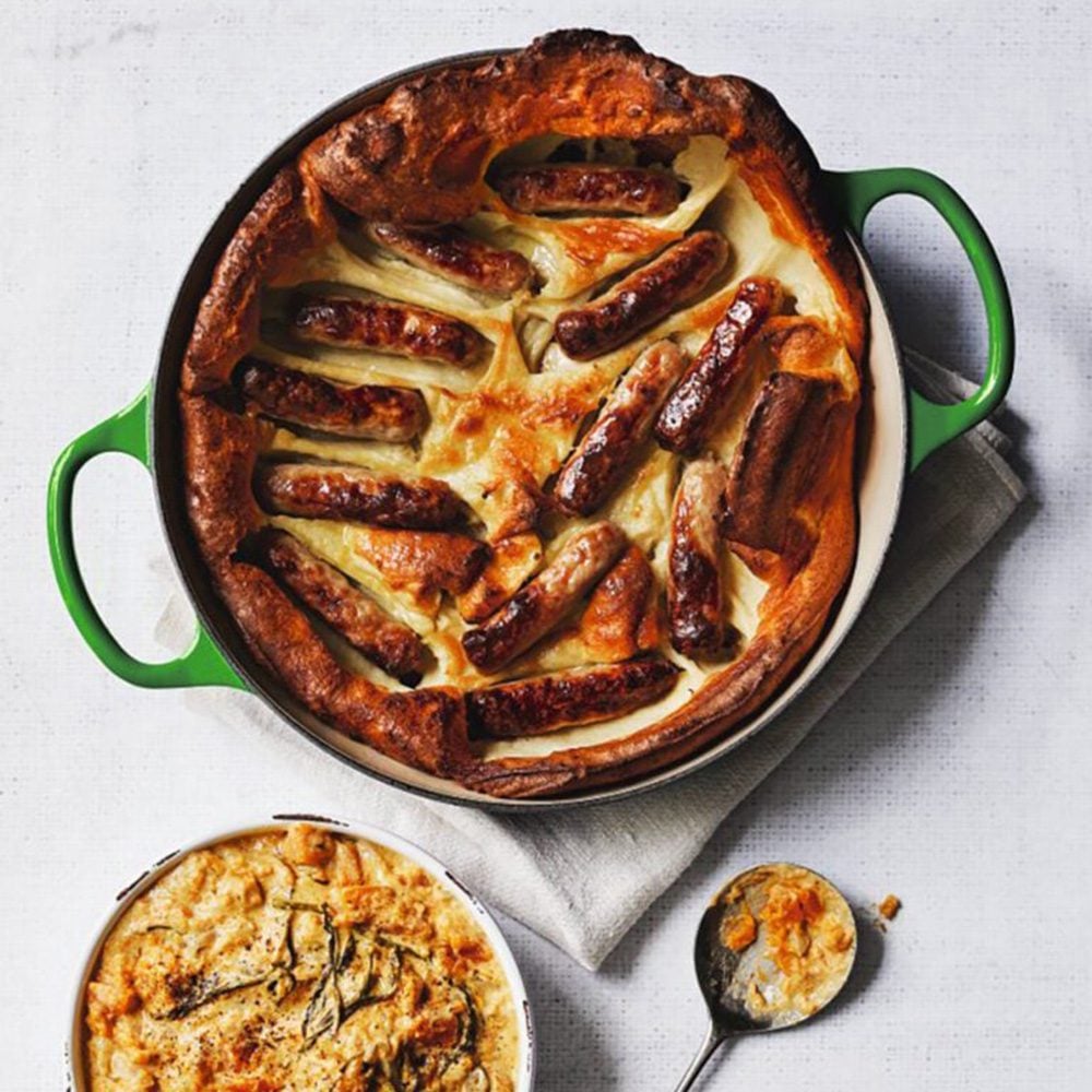 Chipolata toad in the hole with creamed butternut squash