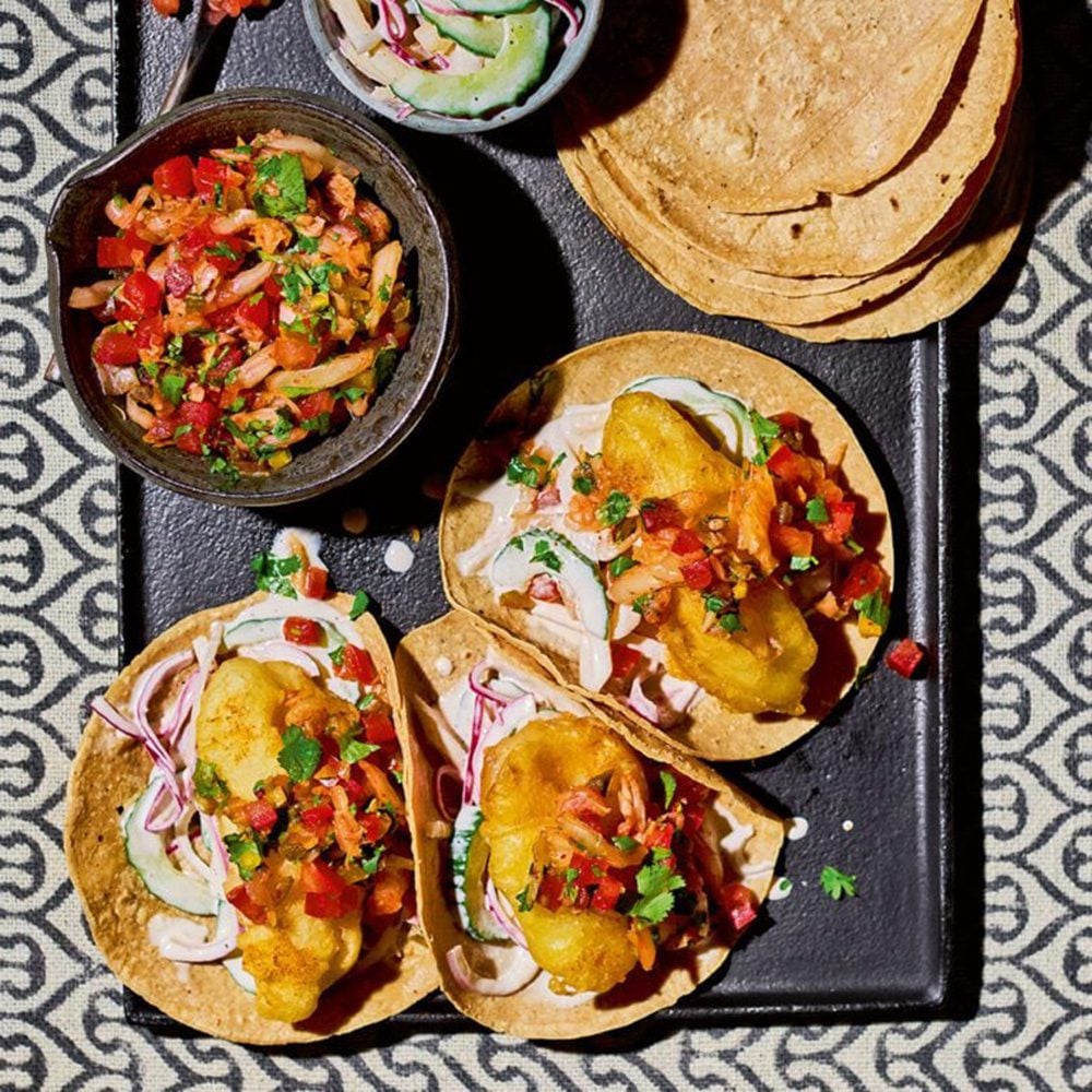 Judy Joo's sea bass tacos with kimchi salsa