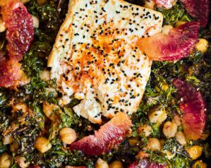Baked feta with chickpeas, kale and blood orange