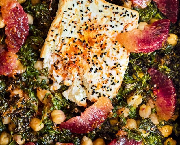 Baked feta with chickpeas, kale and blood orange