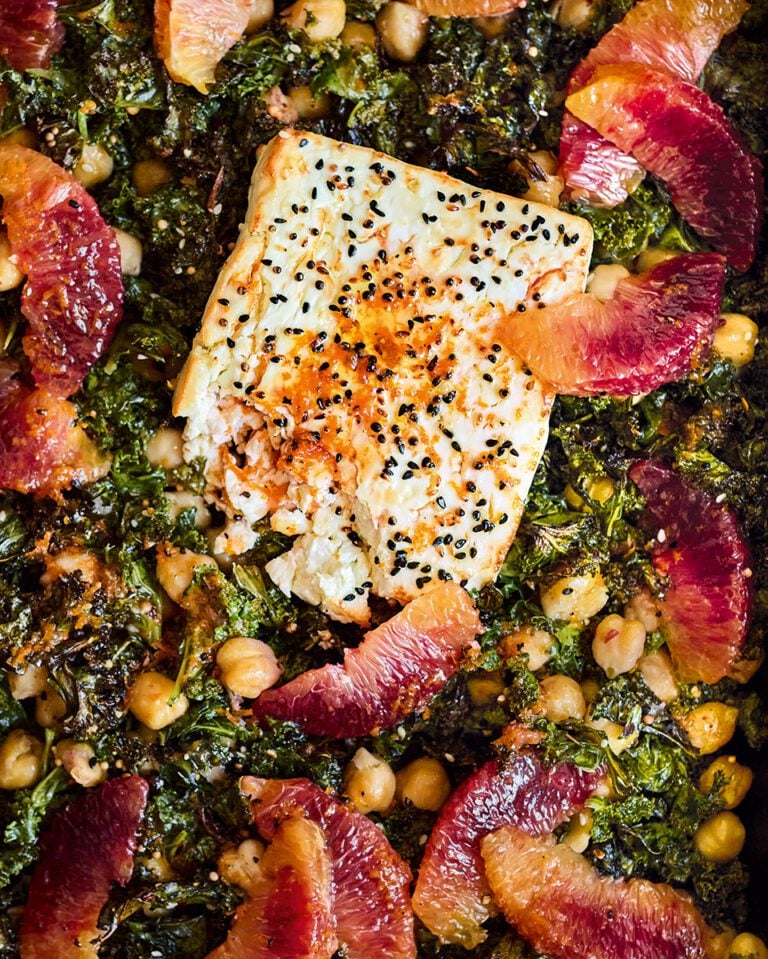 Baked feta with chickpeas, kale and blood orange
