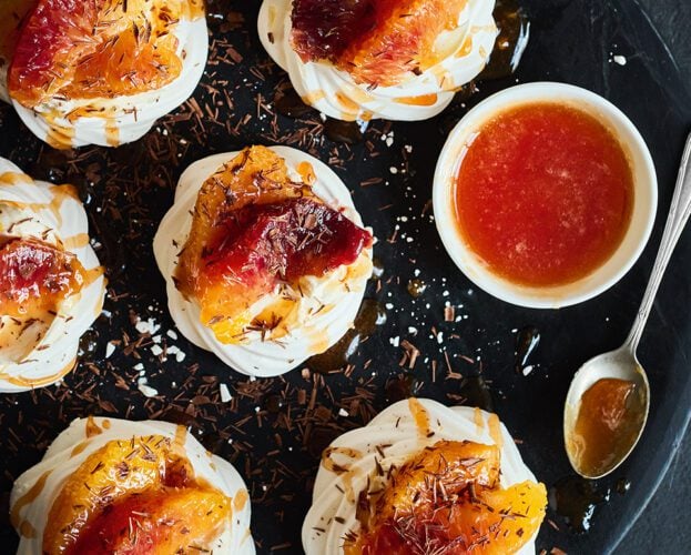 Mini chocolate and blood orange pavlovas