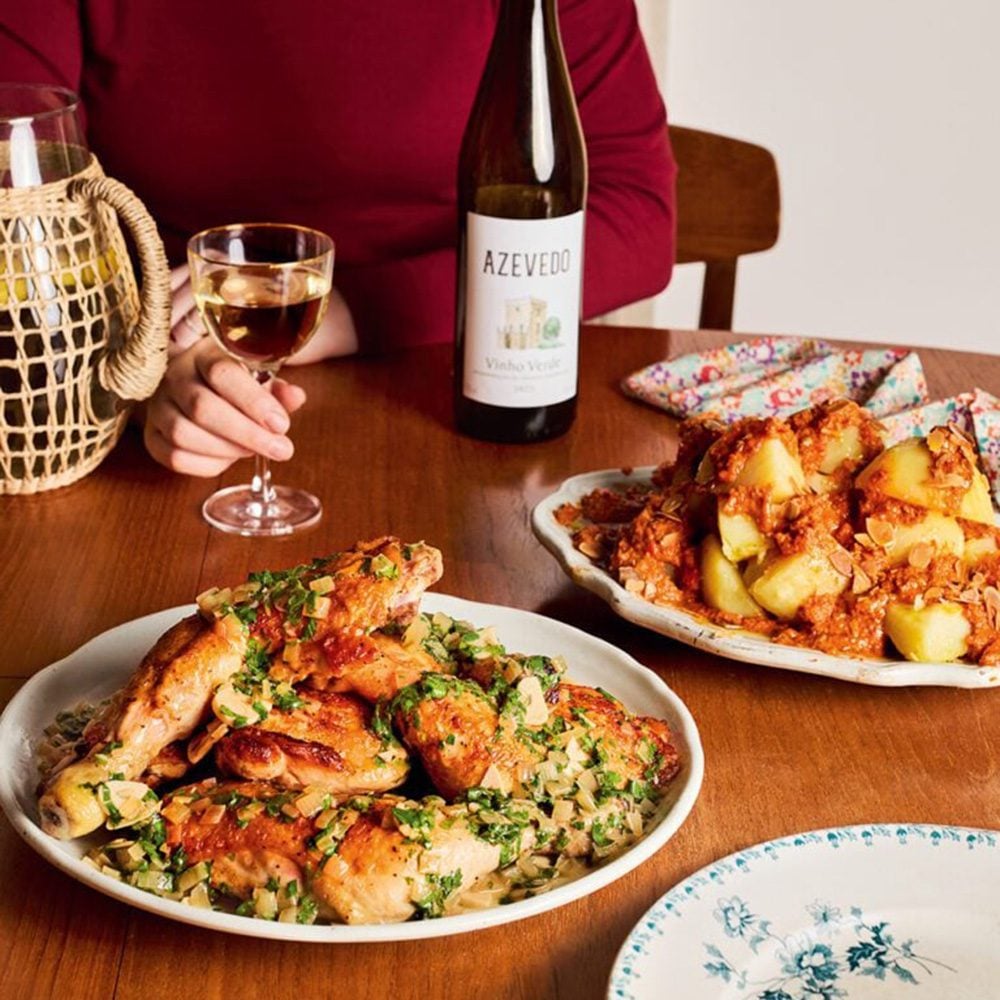 Chicken braised in vinho verde with romesco potatoes
