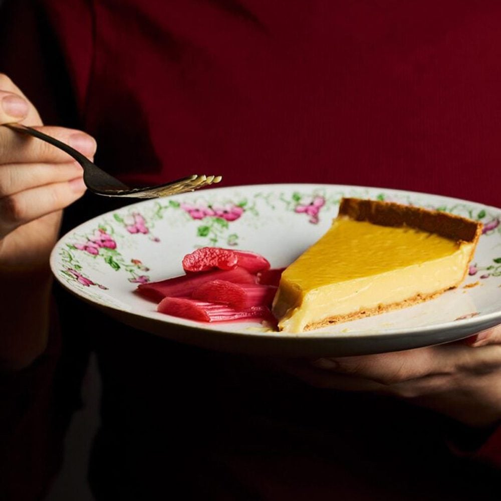 Honeyed mascarpone tart with oven-poached rhubarb