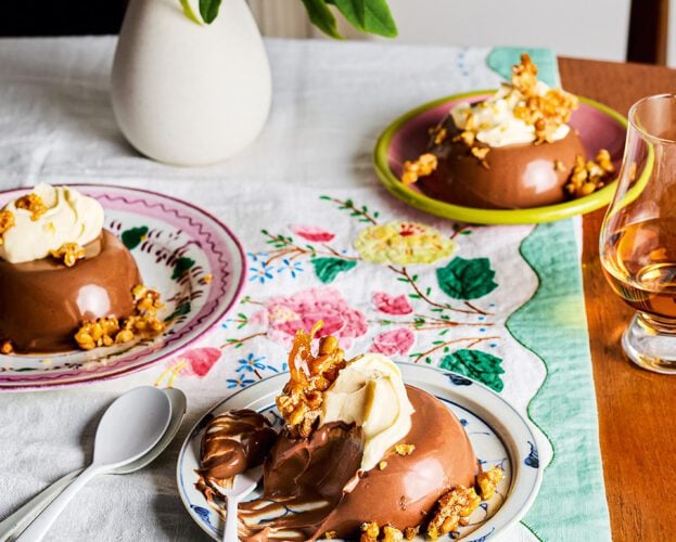 Chocolate pannacottas with pine nut and puffed rice praline