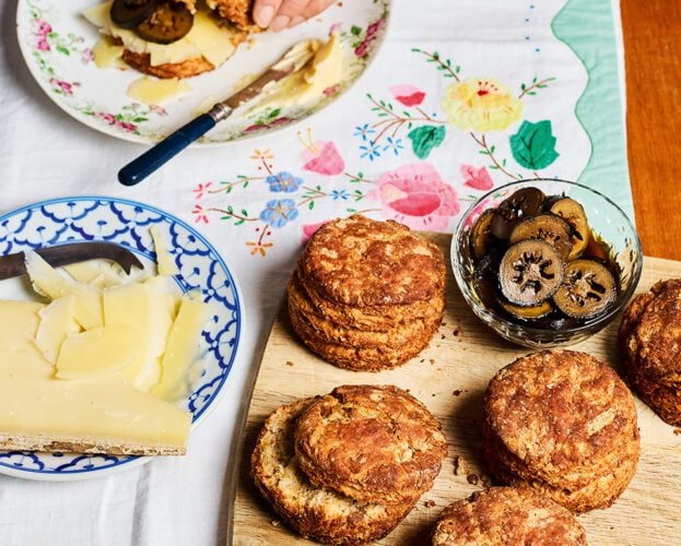 Wheaten scones with comté and pickled walnuts