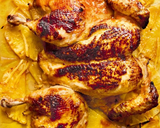 Pineapple, ginger and chilli spatchcock chicken