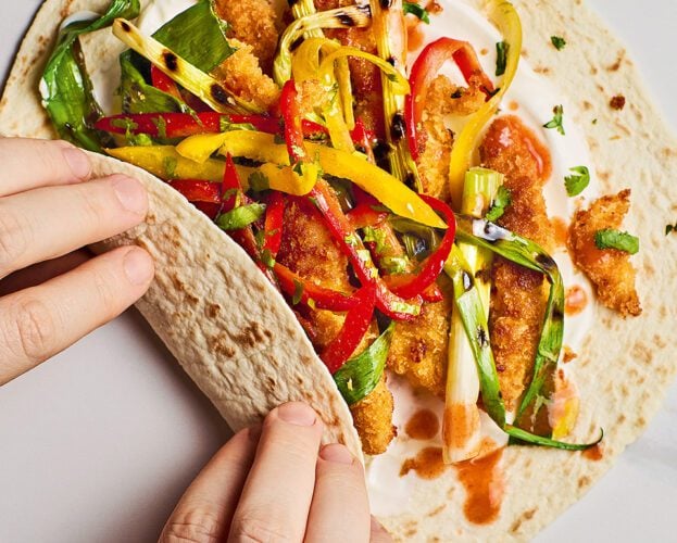 Crispy chicken fajitas with charred spring onions and Tex-Mex slaw