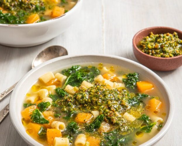 Swede, kale and ditaloni broth with pistachio pistou