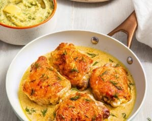 Double lemon chicken with charred leeks and dill polenta