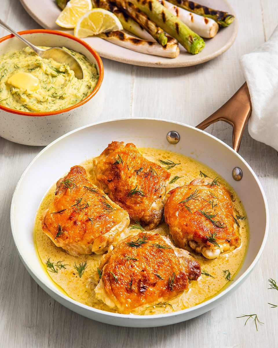 Double lemon chicken with charred leeks and dill polenta - delicious. magazine