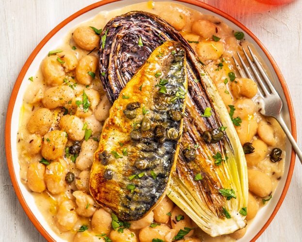 Pan-fried mackerel and caramelised radicchio with crushed butter beans